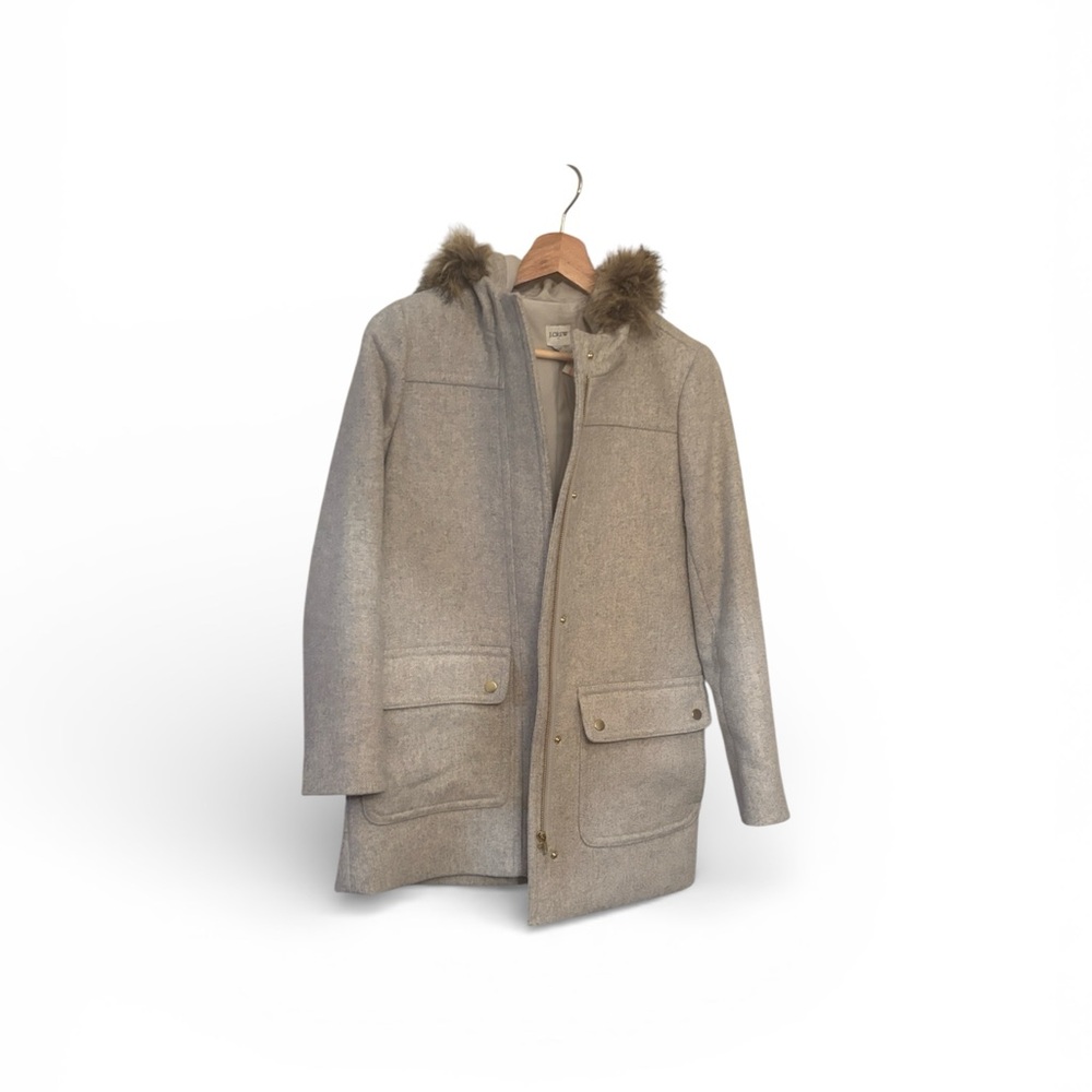 J. Crew Heather Gray Trench Coat with Faux Fur Trim